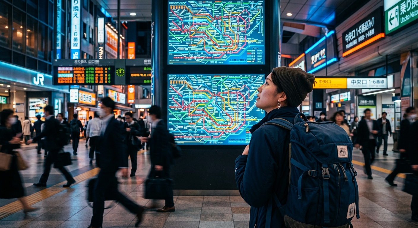 תיירת עם תרמיל גב מתבוננת במפת רכבת תחתית מורכבת ומוארת בתחנת רכבת הומה ביפן